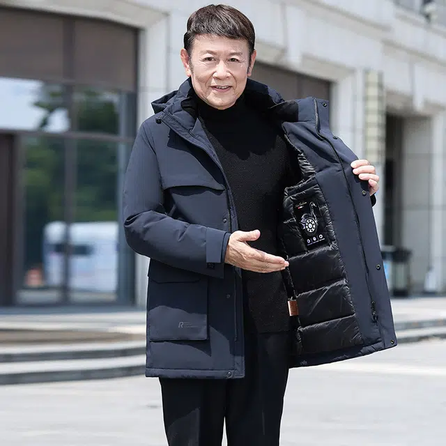 鸭鸭 鹅绒系列中老年爸爸装纯色商务休闲百搭拆卸连帽户外防寒保暖工装中长款羽绒服 男款