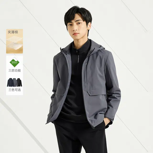 利郎 夹薄棉三防功能商务休闲连帽极简风保暖夹克外套 男款