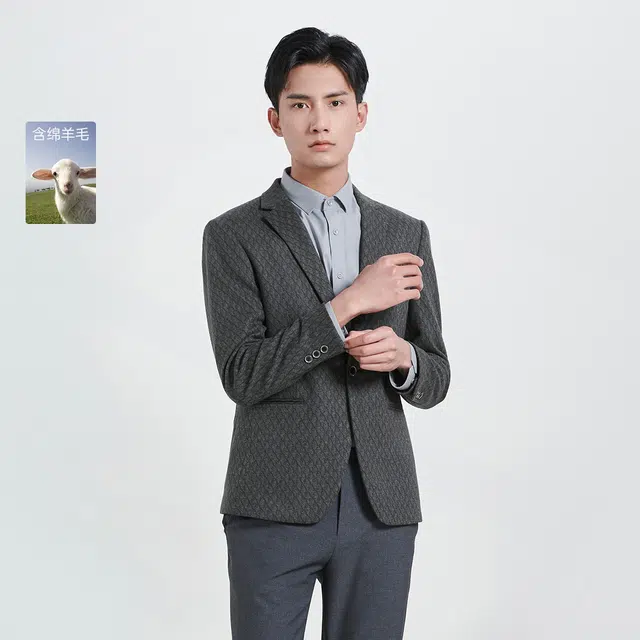 利郎 绵羊毛潮流休闲提花质感西装 男款 黑灰绿