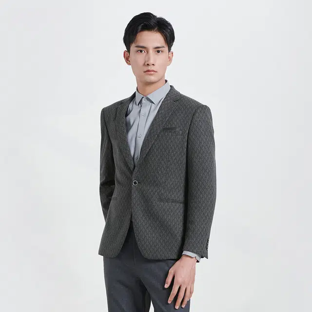 利郎 绵羊毛潮流休闲提花质感西装 男款 黑灰绿