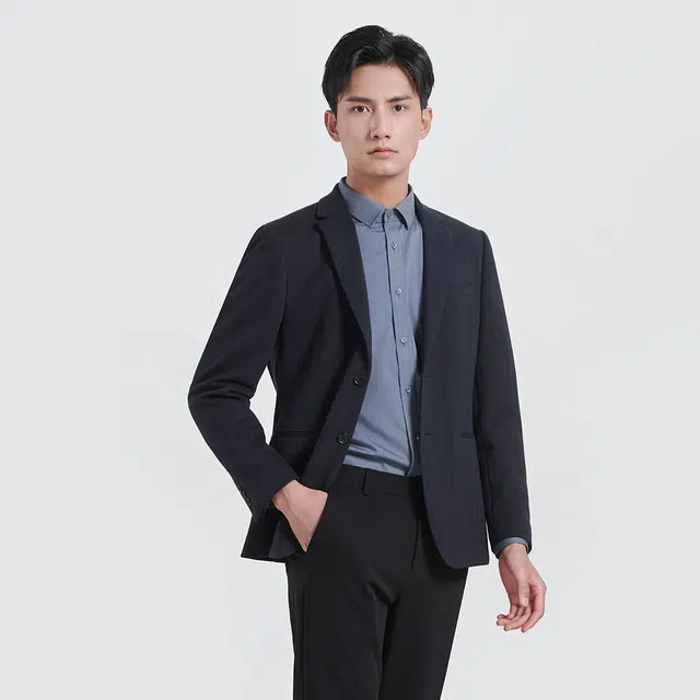 利郎 绵羊毛修身商务休闲西服外套单排两粒扣质感纯色极简风西装 男款 深蓝