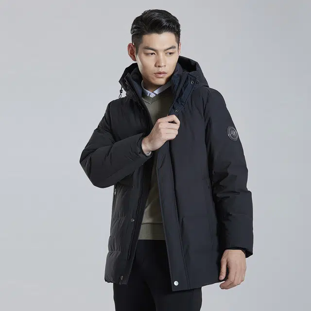 利郎 纯色连帽拉链保暖软壳极简风加厚中长款羽绒服 男款 深靛蓝