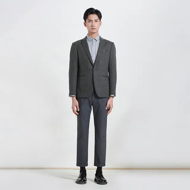 利郎 绵羊毛潮流休闲提花质感西装 男款 黑灰绿