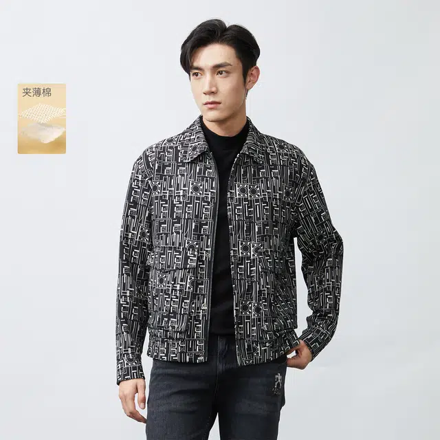 利郎 厚款时尚翻领保暖几何图案短款极简风夹克外套 男款 白/黑/灰