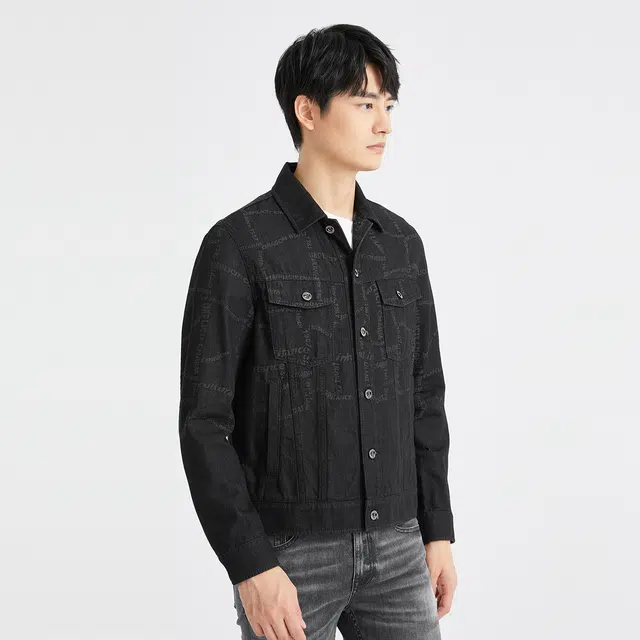 利郎 字母提花商务休闲翻领短款极简风质感百搭夹克外套 男款 牛仔黑