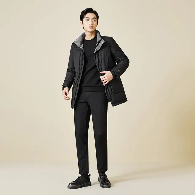 利郎 立领保暖商务休闲纯色中长款极简风羽绒服 男款 黑色