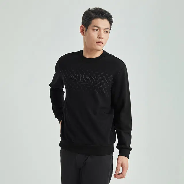 利郎 绵羊毛圆领印花弹力保暖商务休闲套头合身极简风质感百搭卫衣 男款 黑色