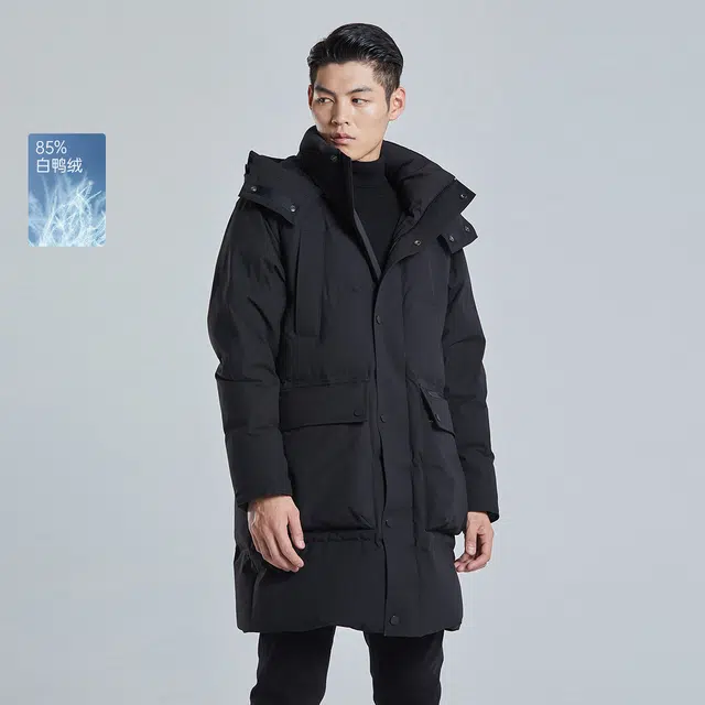利郎 厚款可卸连帽保暖外套商务休闲极简风中长款白鸭绒大衣羽绒服 男款