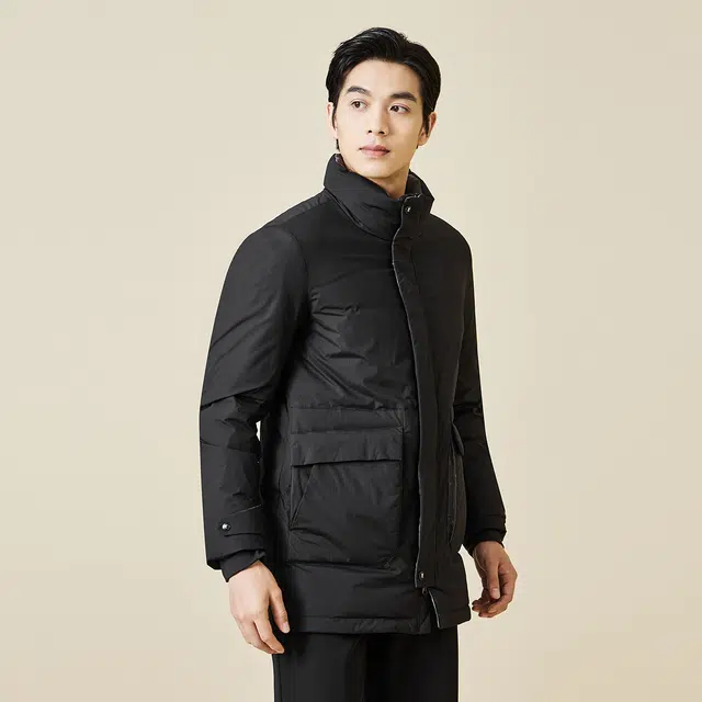 利郎 立领保暖商务休闲纯色中长款极简风羽绒服 男款 黑色