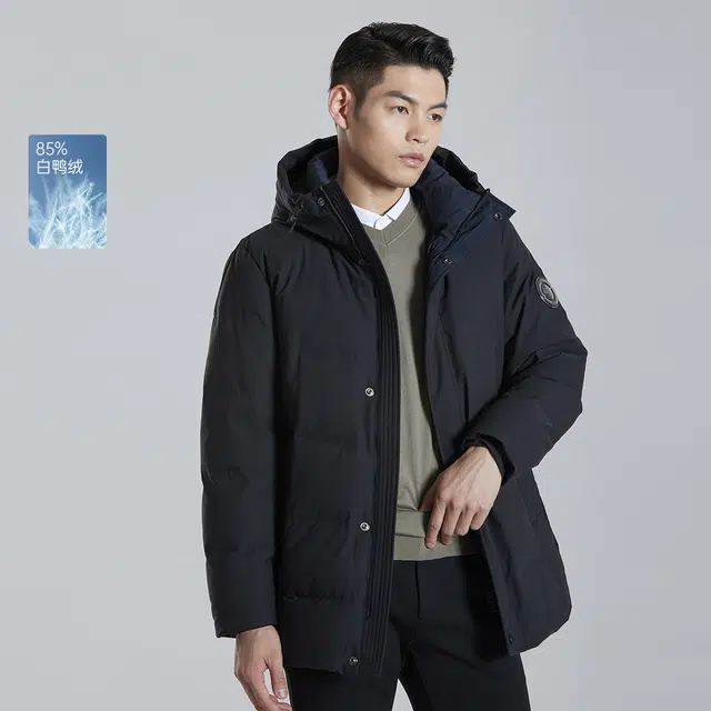 利郎 纯色连帽拉链保暖软壳极简风加厚中长款羽绒服 男款 深靛蓝
