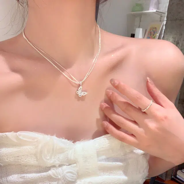 芒果饰品 韩系爆闪蝴蝶双层#好运 铜 锆石 项链 女款