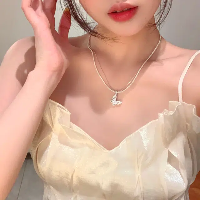 芒果饰品 韩系爆闪蝴蝶双层#好运 铜 锆石 项链 女款