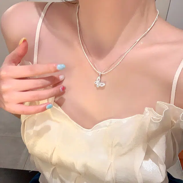 芒果饰品 韩系爆闪蝴蝶双层#好运 铜 锆石 项链 女款