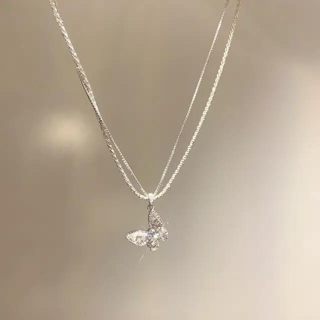 芒果饰品 韩系爆闪蝴蝶双层#好运 铜 锆石 项链 女款