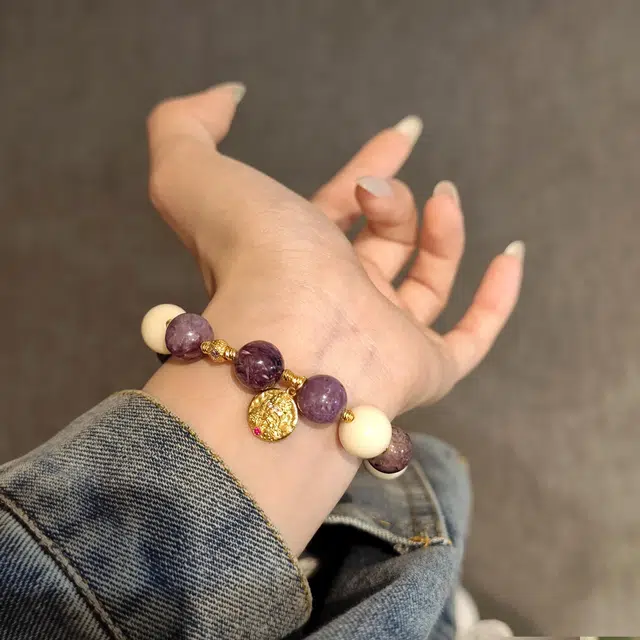 金杰福 紫龙晶猛犸象牙手串#好运天然 紫水晶 轻奢百搭手串 女款