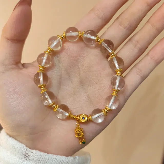 金杰福 招财金色铃铛蓝绿宝石双坠轻奢天然 白水晶 手串 男女同款情侣款