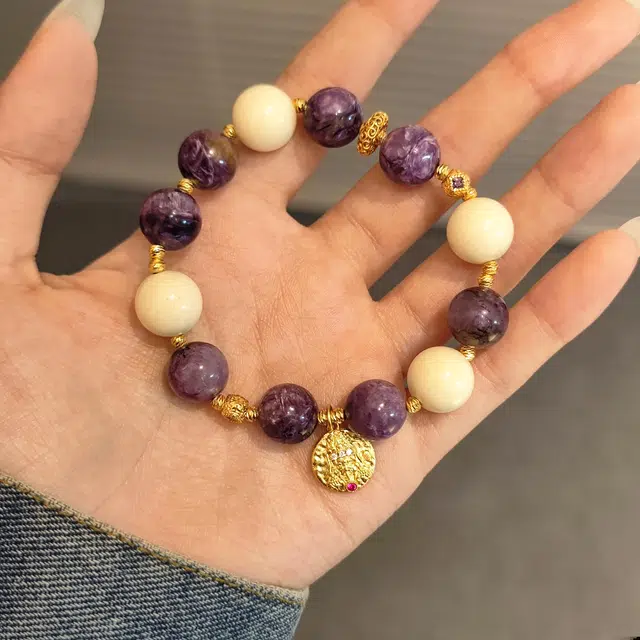 金杰福 紫龙晶猛犸象牙手串#好运天然 紫水晶 轻奢百搭手串 女款