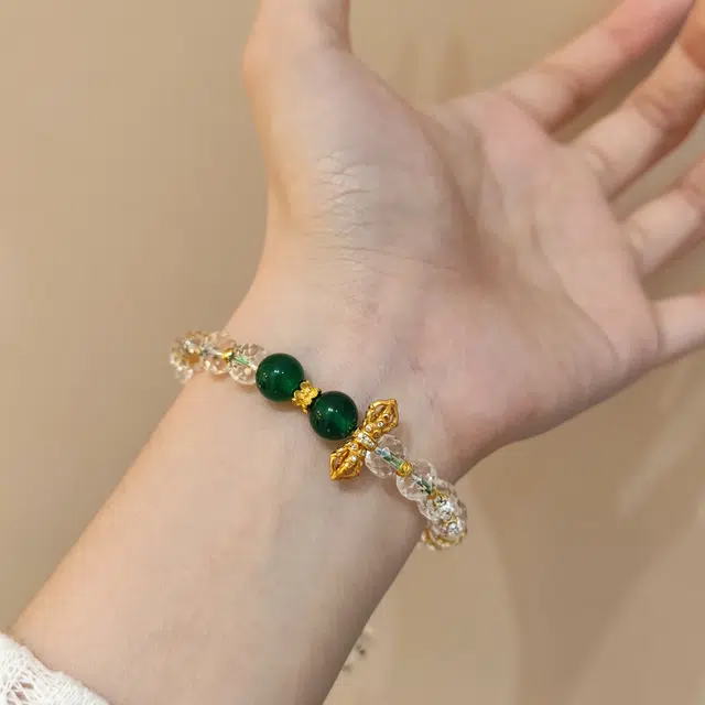 金杰福 绿玉髓双生鎏金雕花能量环绳结天然 白水晶 手链 女款