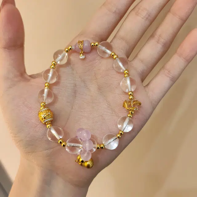 金杰福 紫玉点睛金皇冠葫芦双坠雕花球天然 白水晶 手串 女款