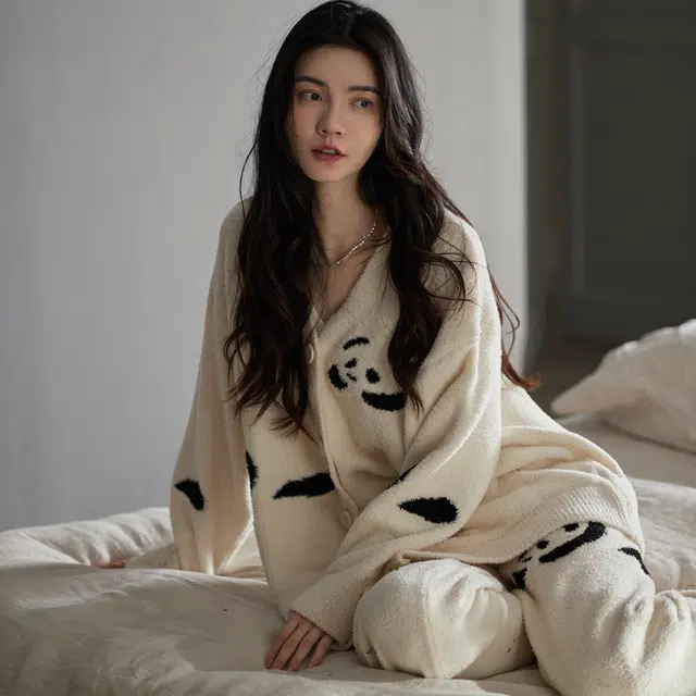 同语 半边绒睡衣女秋冬季套装小熊猫可外穿软绵绵家居服珊瑚绒加厚 家居套装 女款 黑白熊猫