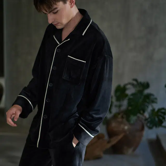 同语 睡衣海岛绒秋冬季加厚男士套装可外穿珊瑚绒家居服冬天 家居套装 男款 墨蓝色