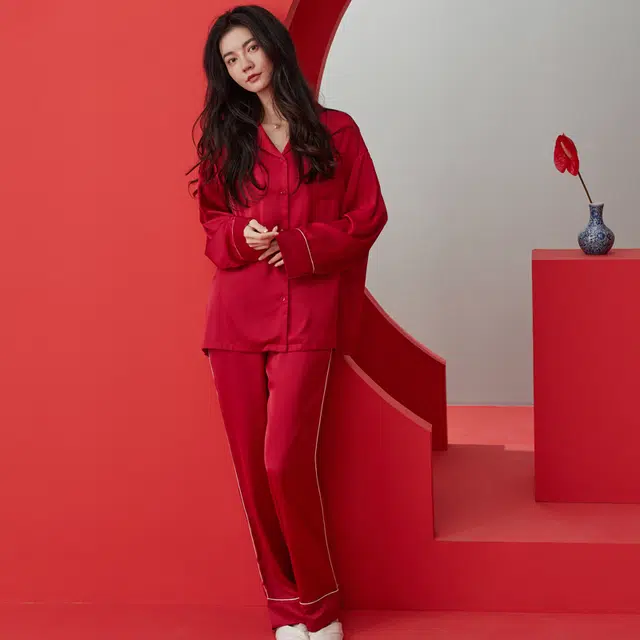 同语 红色睡衣女春秋季冰丝长袖套装女士结婚喜庆新婚家居服秋冬 家居套装 女款 殷红 礼盒款