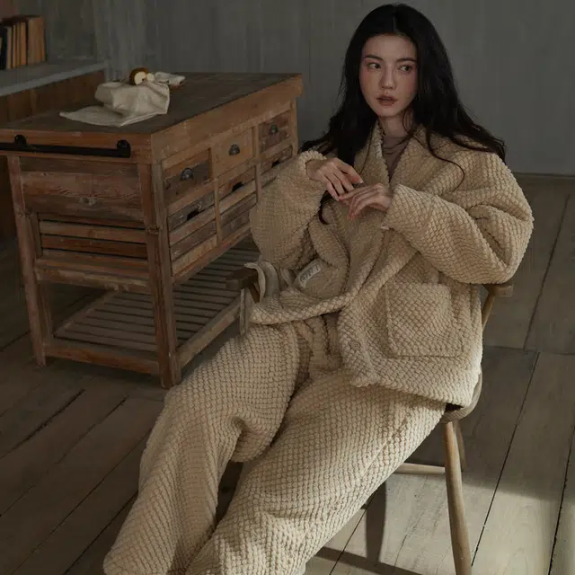 同语 秋冬季睡衣女珊瑚绒加厚加绒款套装女士可外穿冬天长袖家居服 家居套装 女款 浅驼色