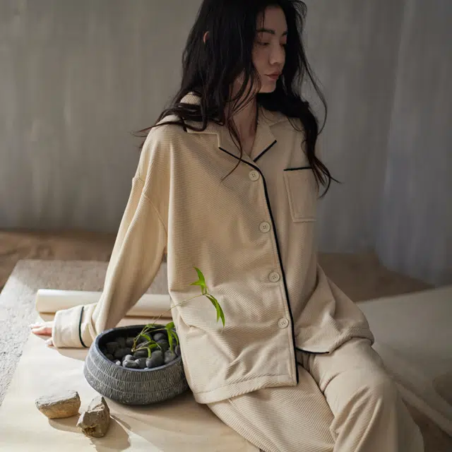 同语 睡衣海岛绒秋冬季加厚女士套装可外穿珊瑚绒家居服冬天 家居套装 女款 浅杏色
