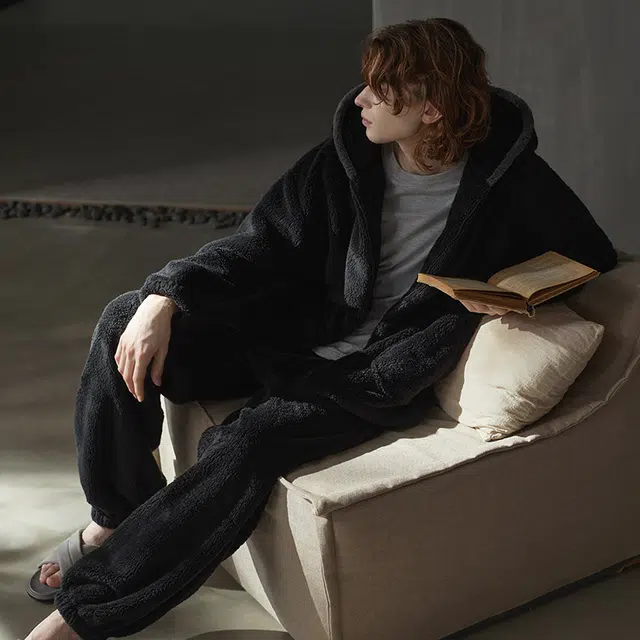 同语 能当外套穿的睡衣 小怪兽卡通睡衣男珊瑚绒秋冬季加厚连帽款套装休闲可外穿男士冬天家居服 家居套装 男款 侘寂黑