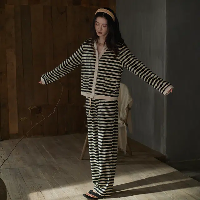同语  睡衣女春秋季柔软棉套装时尚条纹可外穿小香风家居服女士 家居套装 女款 参差黑白条纹
