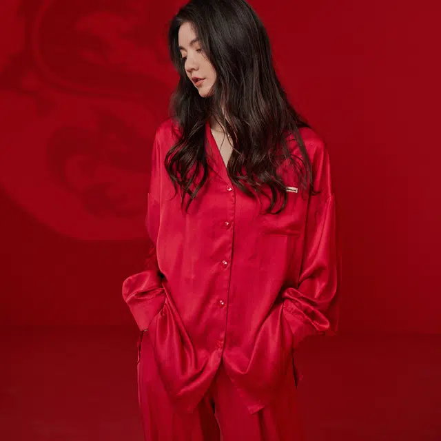 同语 春秋季红色睡衣冰丝长袖套装女士结婚喜庆家居服秋冬 家居套装 女款 红色