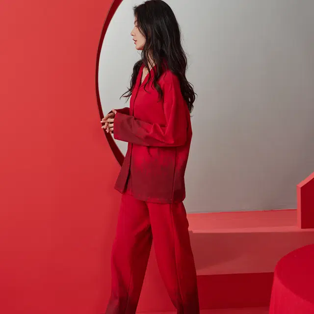 同语 睡衣春秋季柔软棉红色渐变渲染套装女士喜庆结婚家居服 家居套装 女款 酡红