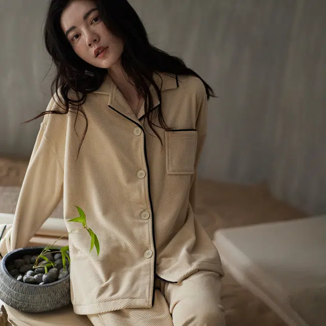 同语 睡衣海岛绒秋冬季加厚女士套装可外穿珊瑚绒家居服冬天 家居套装 女款 浅杏色