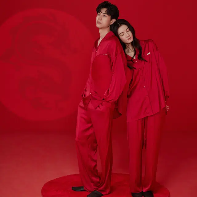 同语 春秋季红色睡衣冰丝长袖套装女士结婚喜庆家居服秋冬 家居套装 女款 红色