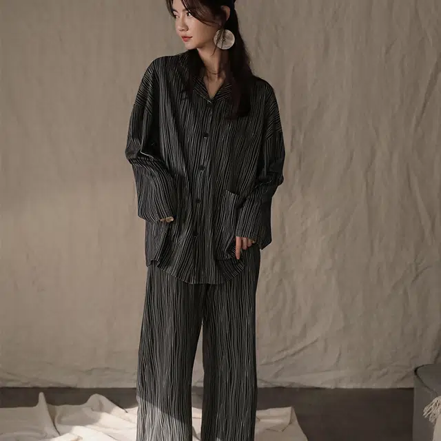 同语 情侣睡衣女春秋季纯棉薄款家居服男女全棉休闲韩版可外出套装 家居套装 情侣款 深灰色