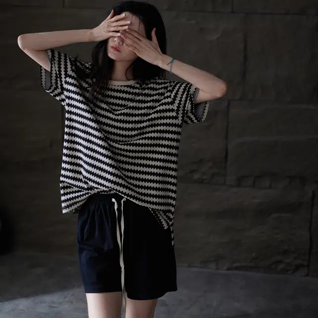 同语 情侣睡衣夏季凉感纯棉短袖套装条纹可外穿男女士家居服薄 家居套装 男女款 黑白条纹子夜蓝