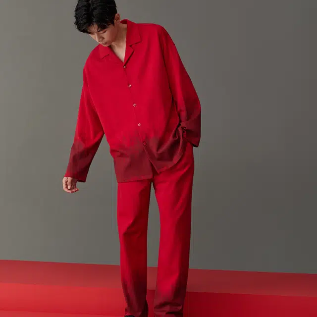 同语 睡衣男春秋季柔软棉红色渐变渲染套装男士喜庆结婚家居服 家居套装 男款 大红