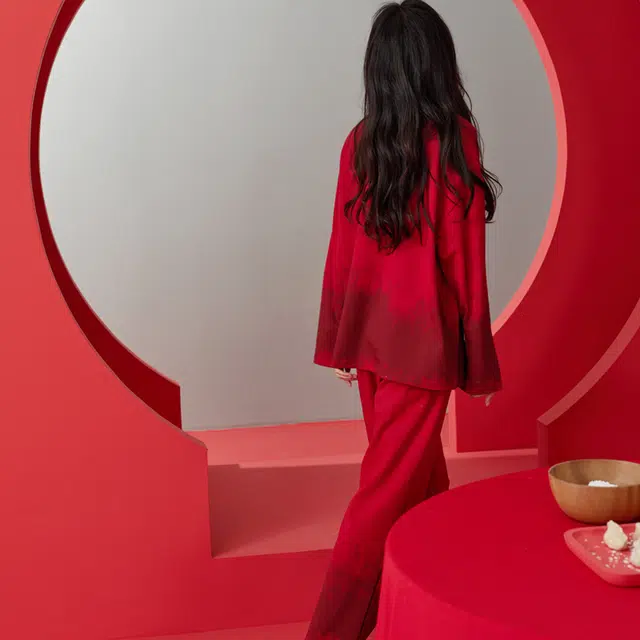 同语 睡衣春秋季柔软棉红色渐变渲染套装女士喜庆结婚家居服 家居套装 女款 酡红
