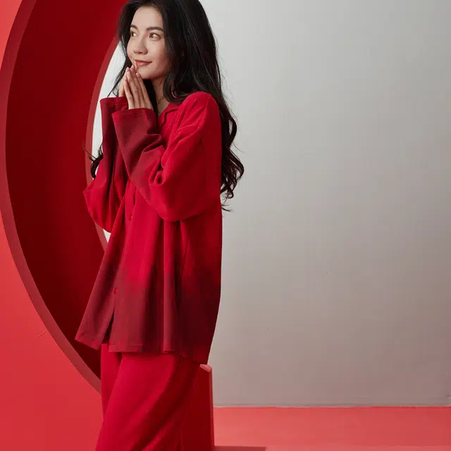 同语 睡衣春秋季柔软棉红色渐变渲染套装女士喜庆结婚家居服 家居套装 女款 酡红