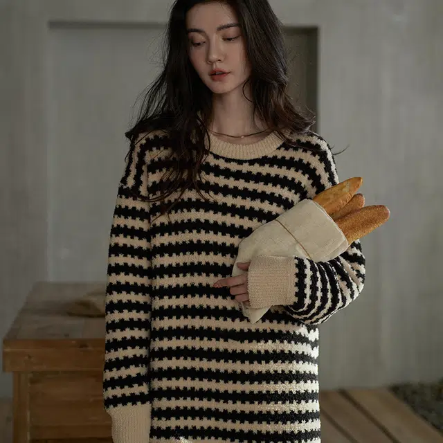 同语 软绵绵半边绒睡裙女冬季加厚加绒女士秋冬天可外穿家居服睡衣 家居连衣裙 女款 参差黑杏条纹