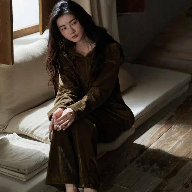 同语 睡衣女海岛绒秋冬季加厚家居服女士珊瑚绒可外穿连帽家居服 家居套装 女款 金咖色