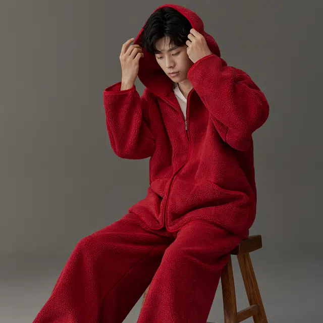 同语 睡衣秋冬季珊瑚绒红色连帽套装男士喜庆结婚家居服加厚 家居套装 男款 勃艮第红