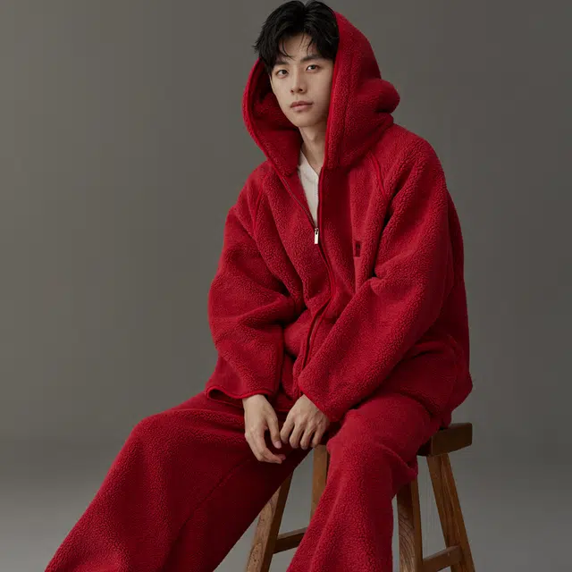 同语 睡衣秋冬季珊瑚绒红色连帽套装男士喜庆结婚家居服加厚 家居套装 男款 勃艮第红