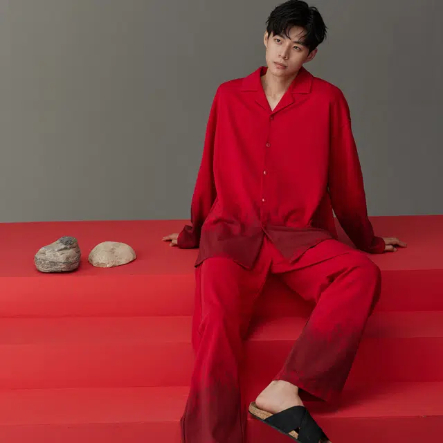 同语 睡衣男春秋季柔软棉红色渐变渲染套装男士喜庆结婚家居服 家居套装 男款 大红