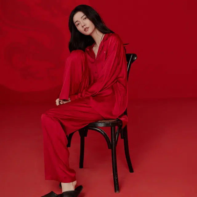 同语 春秋季红色睡衣女冰丝长袖套装女士结婚喜庆新婚家居服秋冬 家居套装 女款 波尔多红