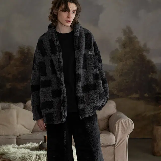 同语 珊瑚绒拉链款加厚加绒休闲可外穿家居服睡衣套装 男款 濡羽黑黛灰色