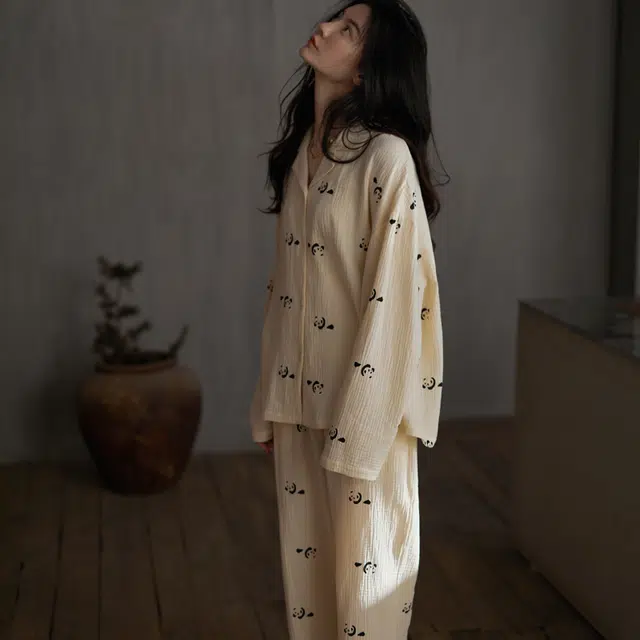 同语 睡衣女春秋季梭织纯棉纱布长袖套装女士可爱可外穿家居服 学生宿舍 家居套装 女款 橘白色墨纹熊猫
