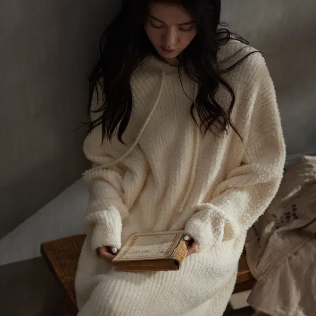 同语 半边绒软绵绵睡衣珊瑚绒加厚款连帽可外穿睡裙 女款 橘白色