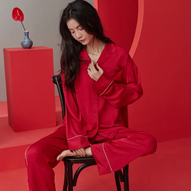 同语 红色睡衣春秋季冰丝长袖套装女士结婚喜庆家居服秋冬 家居套装 女款 大红