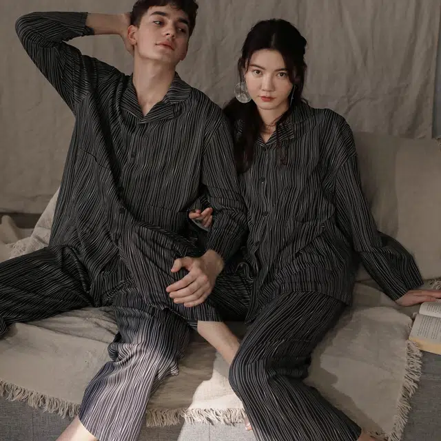 同语 情侣睡衣女春秋季纯棉薄款家居服男女全棉休闲韩版可外出套装 家居套装 情侣款 深灰色